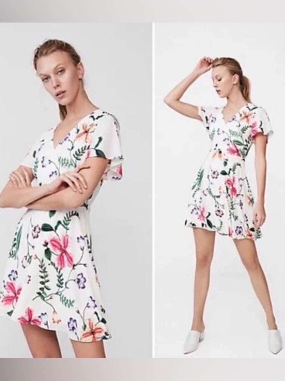 Express White Floral Wrap Mini Dress